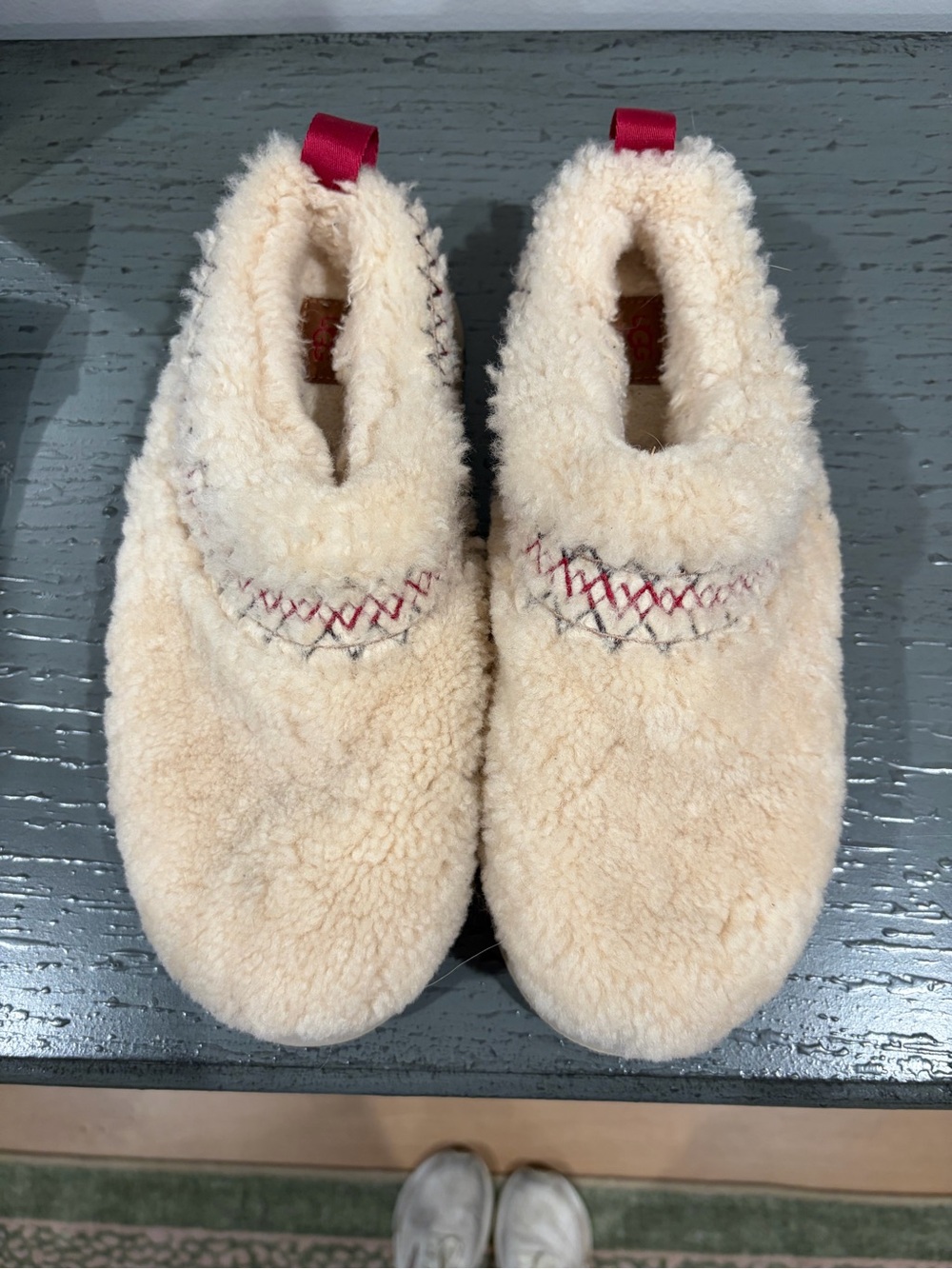 UGG Cream Shearling Slip-On Slippers with Pink Pull Tab